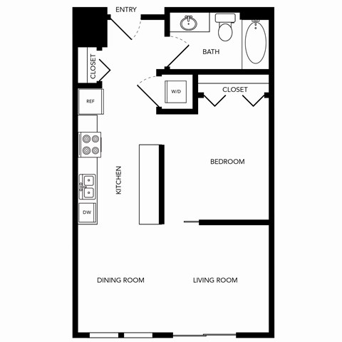 Floor plan for 1 bed, 1 bath, 522 sqft